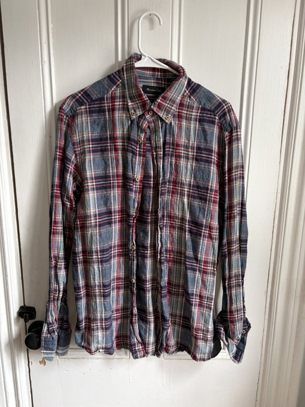Massimo Dutti 100% Linen Shirt Mens L Red Blue Plaid Button Down Long Sleeve